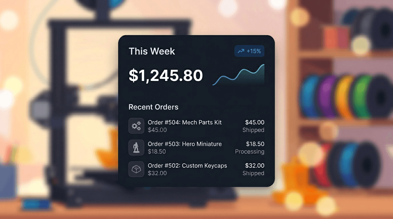 Benchy creator dashboard with weekly earnings and recent orders