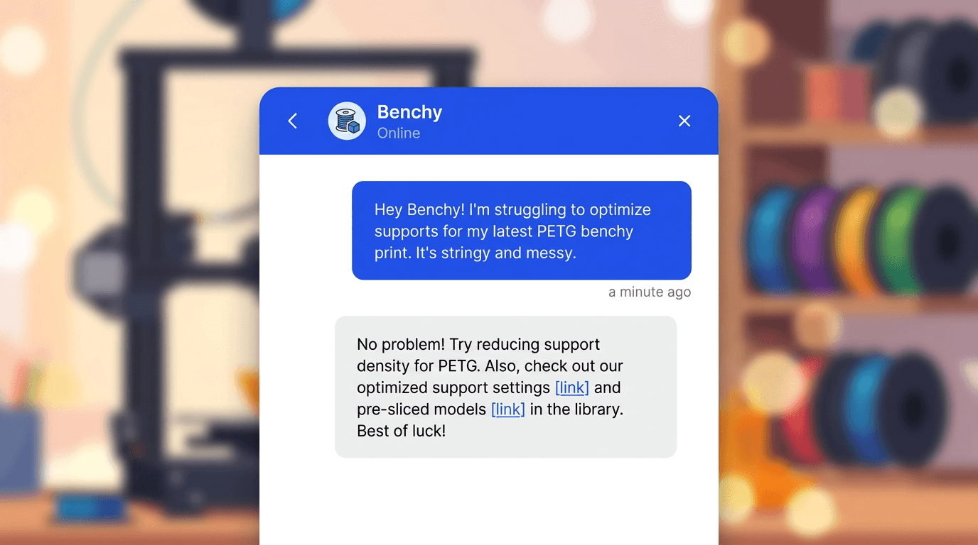 Benchy assistant chat with print tips over a maker dashboard