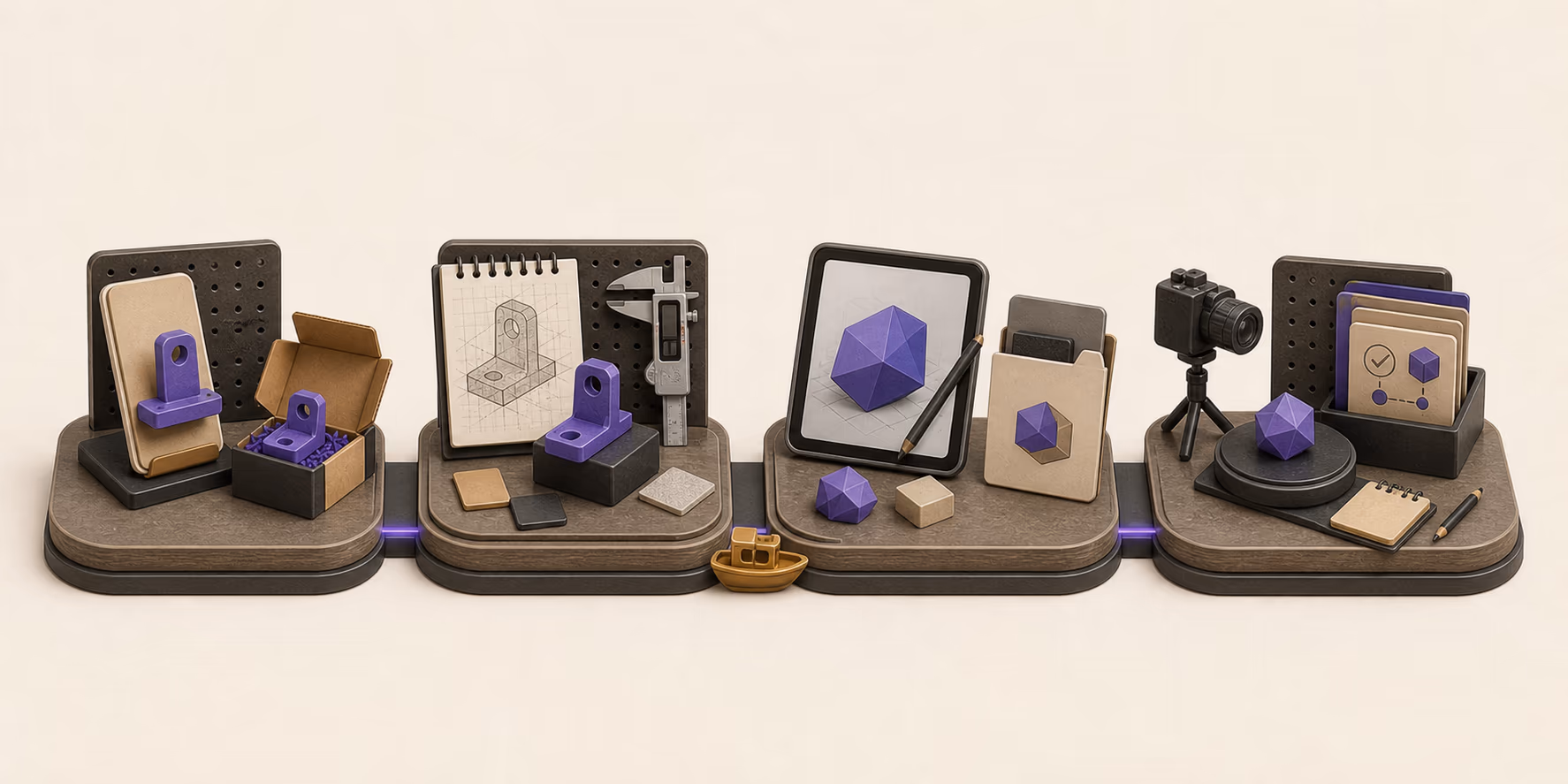Four miniature workbenches represent physical products, design services, digital files, and workflow education.